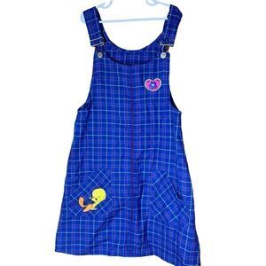 ‎Vintage Looney Tunes Tweety Bird plaid overall dress